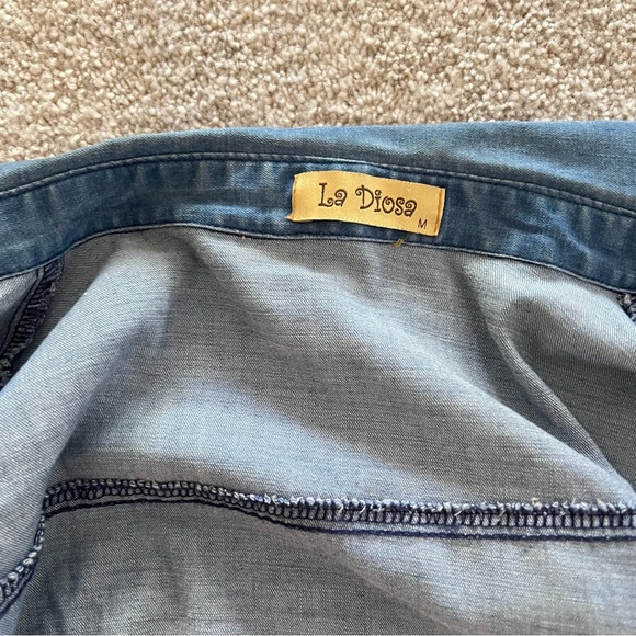 La Diosa Aztec Embroidered Denim Button-Up Long Sleeve Medium - Picture 8 of 11